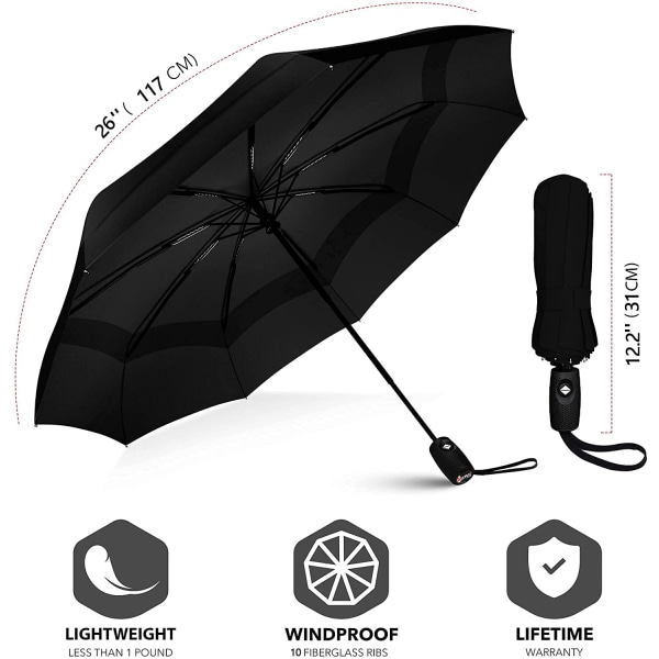 (svart) Paraply - automatisk sammenleggbar paraply - kompakt, liten,
