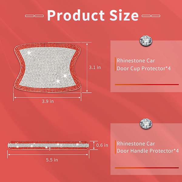 8 stk Rhinestone Bil Dørhåndtak Klistremerker (Sølv og Rød) - Bling