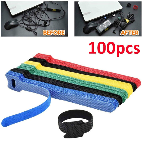100 stk. Genanvendelig Rem Organizer Kabel Ledning Wrap Tie Tid