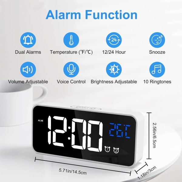 Hvid-Digitalt vækkeur, LED digitalt ur Digitalt morgenvækkeur med temperatur/snooze/2 alarm/12/24 timer/USB-opladningsport/10 musik