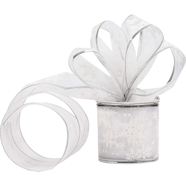 Hopeinen organza-lahjanauha - 10m x 6,3cm punainen langallinen joulunauha kimalteella ja lumihiutaleilla joulukoristeluun - leveät nauhat joululahjojen paketointiin ja koristeluun