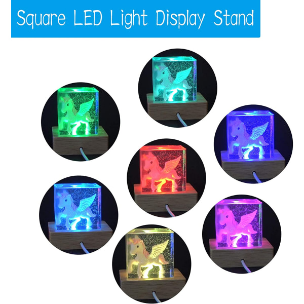 2 stykker LED lys display base, 7 farvet firkantet træ oplyst