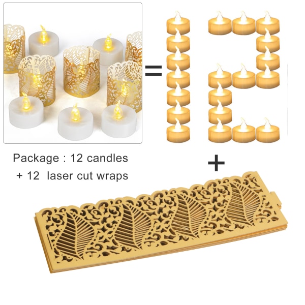 12 kappaleen liekitön LED-kynttilä, ilmainen 12 kappaletta onttokuviopaperia - lämmin keltainen - paristokäyttöinen - pitkäkestoinen - häihin, lomaan, juhliin, kodin sisustukseen