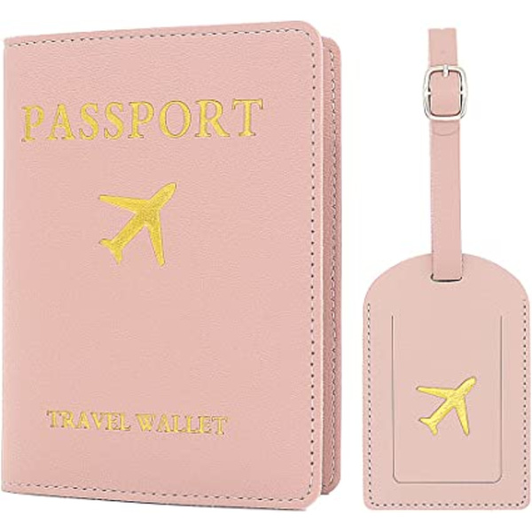 2 bagasjelapper Passveske (rosa), 1 passveske og 1 bagasjelapp