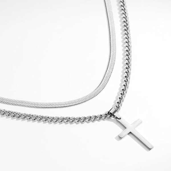 Korshalsband för män, rostfritt stål silverfärgat enkelt kors