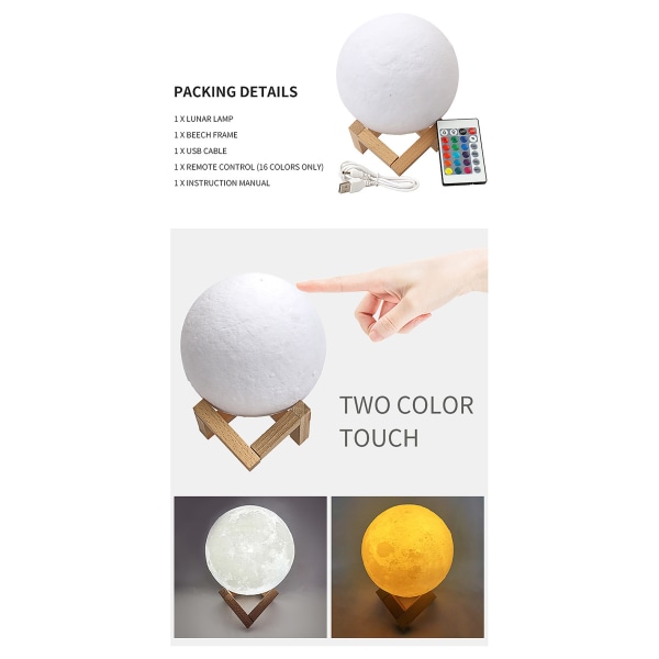 3D Månelampa, LED Nattlampa 7 Färger Touch Lampa, 15cm Di