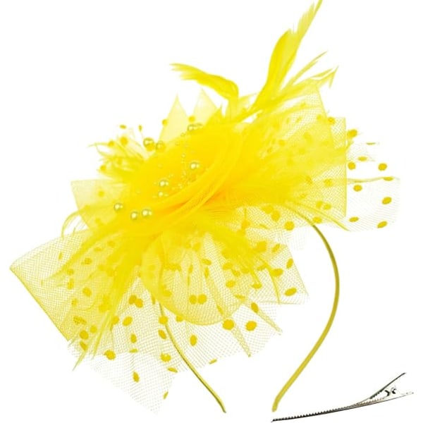 Yellow - Feather Hat Women's Wedding Headband with Clip Cocktail