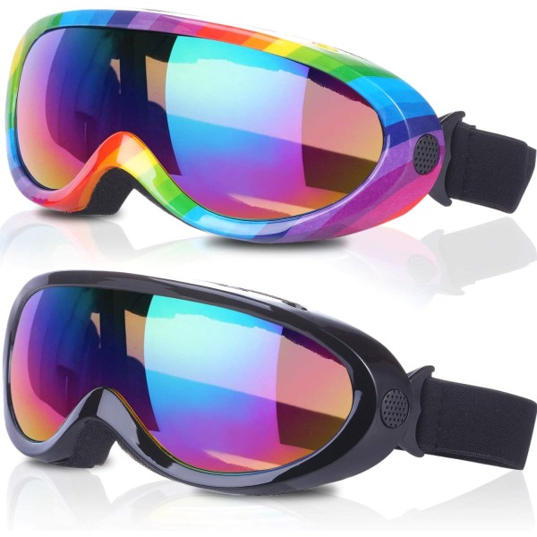 Skidglasögon, paket med 2-svarta flerfärgade/regnbågsfärgade, snö