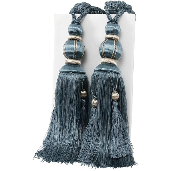 Set of 2 Tiebacks with Rope, Fringe and Ball, navy blue