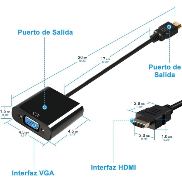 Svart HDMI til VGA-adapter, HDMI til VGA-konverter med 3,5 mm lydkontakt