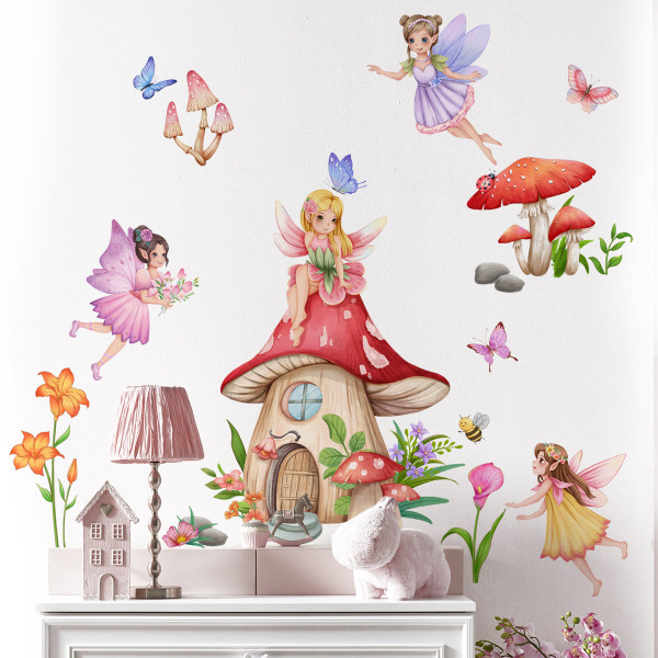 Dekal Fairy Mushroom Veggklistremerke Butterfly Fairy Flower Wall Deca