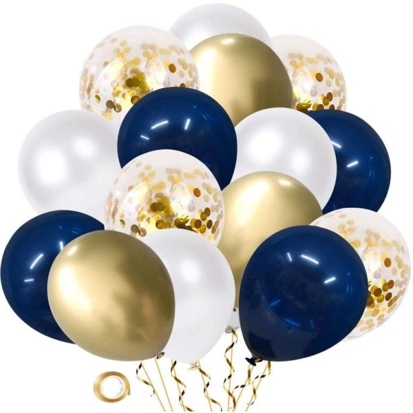 20 ilmapallosettiä, 12 tuuman tummansinisiä ilmapalloja, kultaisia metalliilmapalloja
