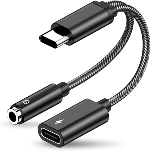 USB-C - 3,5 mm:n kuulokeliitäntäsovitin, 2-in-1 Type-C äänen ja latauksen kaapeliadapteri, punottu Type-C kuulokeäänikaapeli
