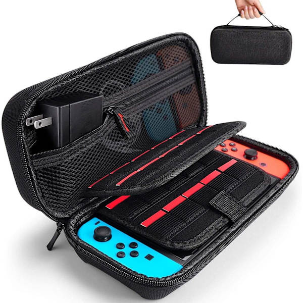 Svart - 1-delat bärfodral för Nintendo Switch/Switch OLED (konsol ingår ej) - kompatibel med nätadapter - hårt skal stötsäkert bärfodral med plats för 20 spelkassetter.