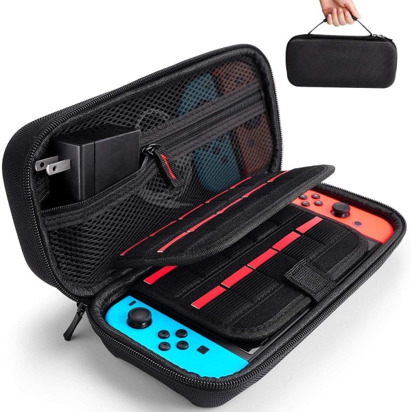 Svart - 1 stk bæreveske for Nintendo Switch/Switch OLED (konsoll ikke inkludert) - kompatibel med strømadapter - hardt skall støtsikkert bæreveske med plass til 20 spillkassetter.