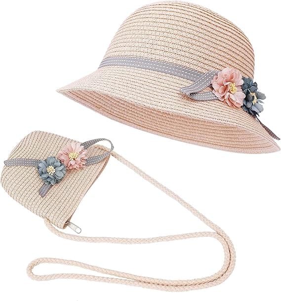 Solhatt Flickor Barn Sommar Halmhattar och Liten Väska Set（52cm） wit