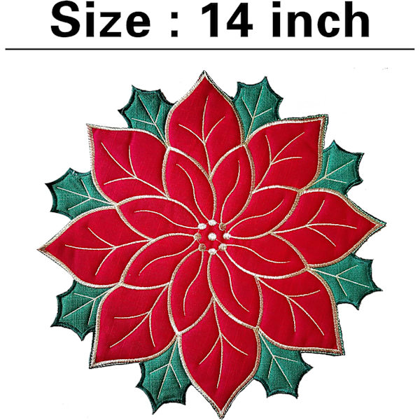 Paikka-alustat 4 kpl, Applique Poinsettia Punainen Vihreällä Kirjonnalla