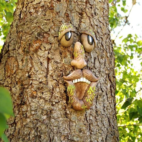 Træ ansigter dekoration udendørs, træ ansigt udendørs statuer Gammel mand træ