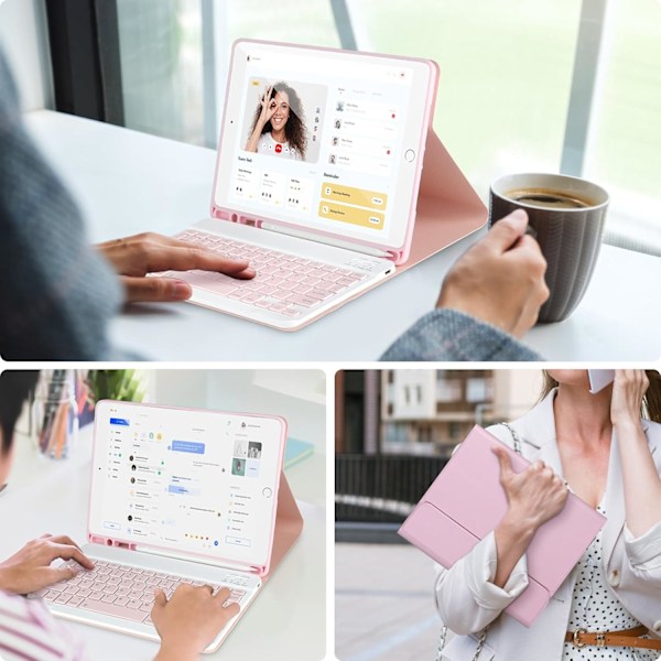 Näppäimistökotelo iPad 10.2/Pro10.5/air3:lle, iPad-kotelo näppäimistöllä, irrotettava Bluetooth-näppäimistö, kynäpaikalla, pinkki