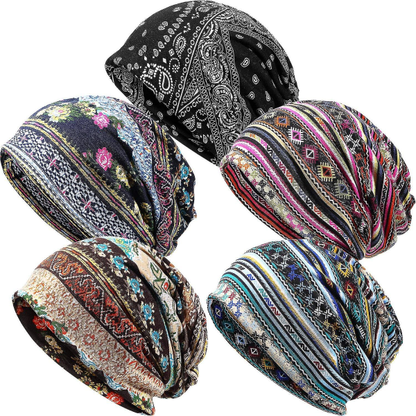 5 Pcs Women Slouchy Beanie Print Hat Baggy Sleep Cap Turban