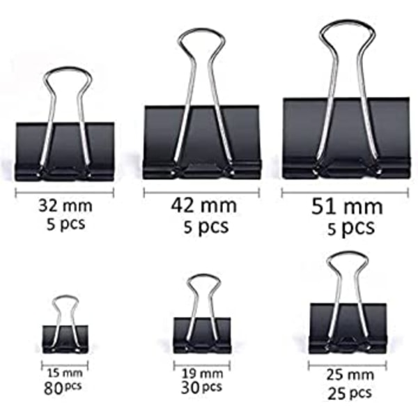 (Svart) 120 stk store klips 1 assorterte størrelser papir klips C