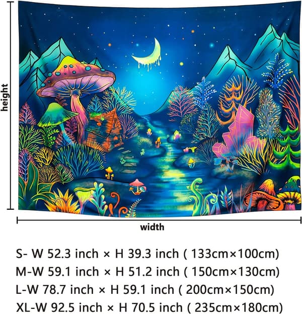 Blacklight Forest Trees Tapestry UV Reactive Mushroom Tapest