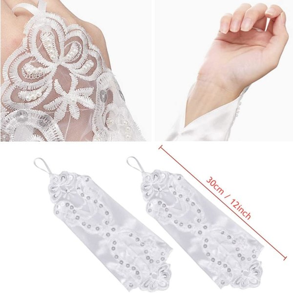(Hvid) 1 par fingerløse brudehandsker i satin, blonder og pailletter