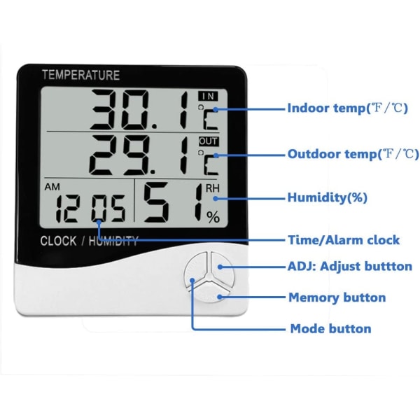 Digitalt hygrometer termometer, indendørs udendørs temperatur H
