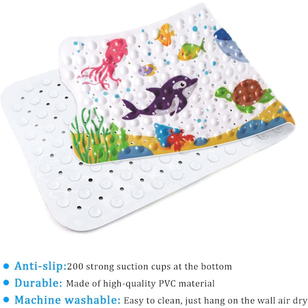 Skridsikker bademåtte, 100 x 40 cm skridsikker bademåtte, med 200 sugekopper PVC-materiale, brusebadsmåtte med tegneserie havdyr til børn og baby