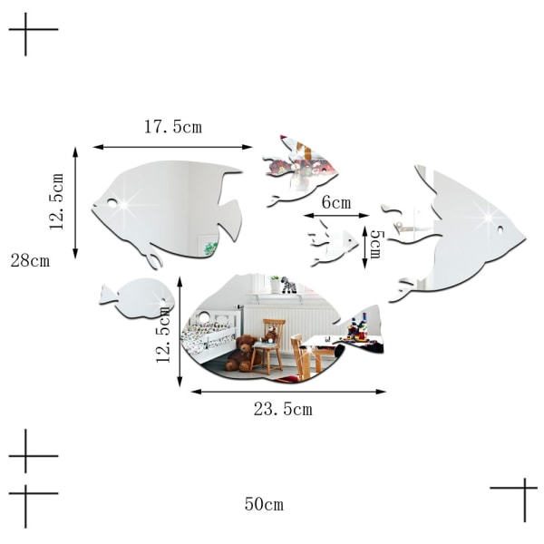(Sølv, store fisk) 3D Tropical Fish Mirror Effect Wall Sticker Fa