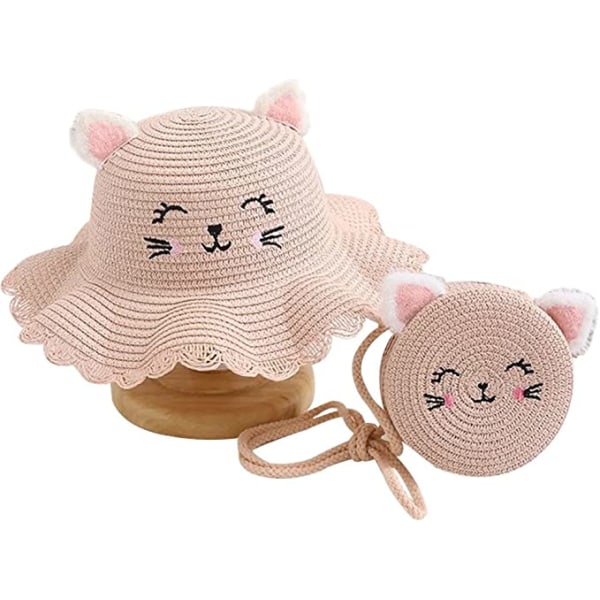 Children's and Girls' Cat Straw Hat Bag Set (Pink), Flower Cute