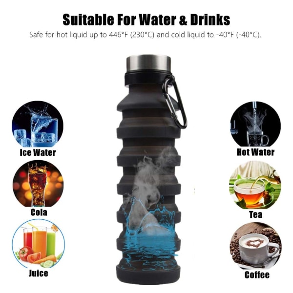 1 pack hopfällbar vattenflaska, svart-18 oz Återanvändbar BPA-fri Si