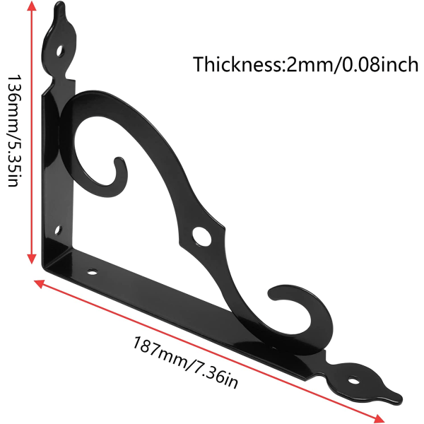 2 stk L-brakett dekorative hyllebraketter, veggmontert L-form