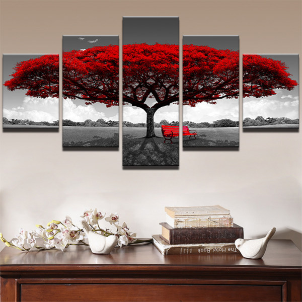 5-delad väggkonstmålning - stort rött träd, non-woven canvas dekor