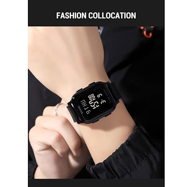Afslappet Digital Multifunktionelt Armbåndsur med Nedtællingstimer og LED-lys 50M Vandafvisende (Black)
