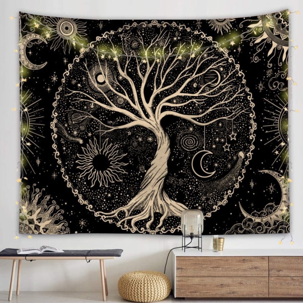 Elämänpuu Tapestry Kuu ja aurinko (150x130cm) musta psykedeelinen
