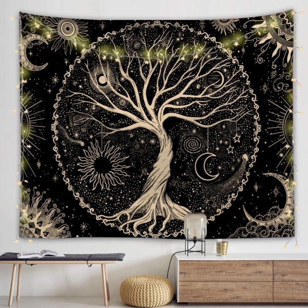 Elämänpuu Tapestry Kuu ja aurinko (150x200cm) musta psykedeelinen