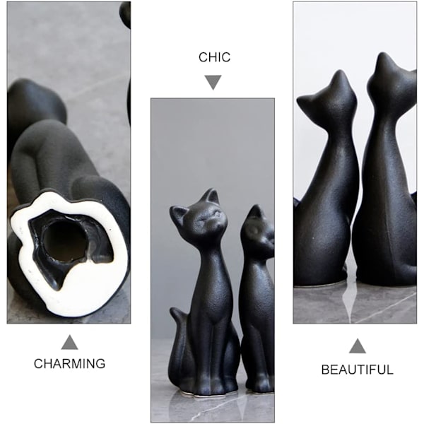 2 stk. Sort Keramisk Kat Figur Kat Par Statue Keramisk En