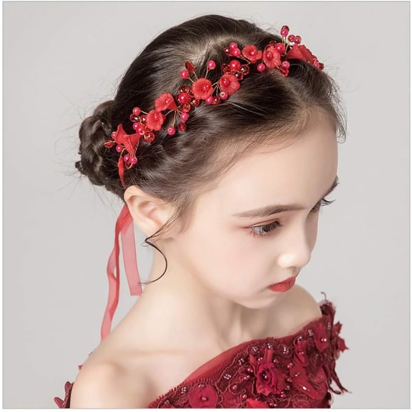 Princess Red Flower Headwear Pearl Hair Dress Bridal Crystal Wedd