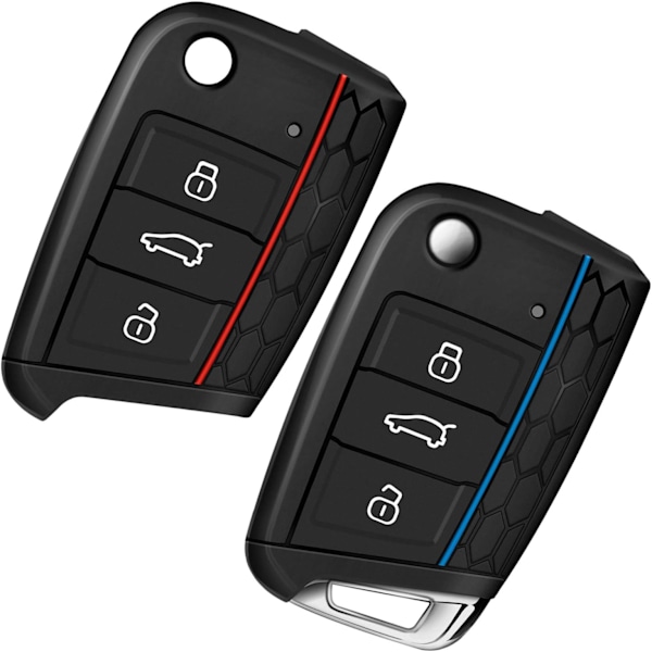 2pcs Red+Blue Car Key Case Compatible for VW Golf 7 Silicone Car Key Cover Shell 3 Buttons Car Accessory