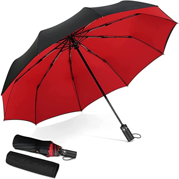Svart og rød mann kvinne automatisk sammenleggbar paraply vindtett buss