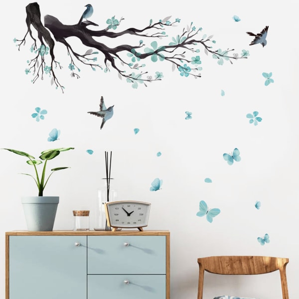 Flower Branch Wall Stickers Wall Sticker Blå Blomster Træfugle