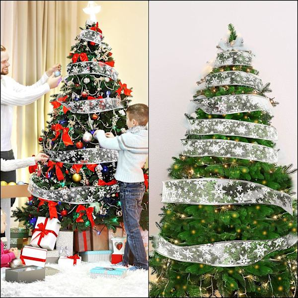 Hopeinen organza-lahjanauha - 10m x 6,3cm punainen langallinen joulunauha kimalteella ja lumihiutaleilla joulukoristeluun - leveät nauhat joululahjojen paketointiin ja koristeluun