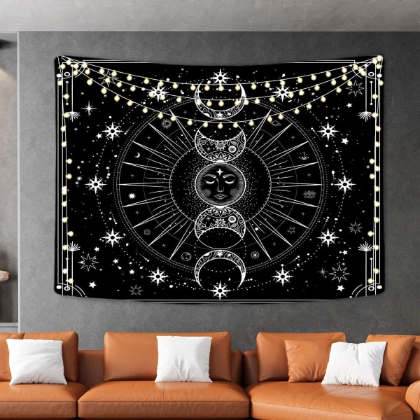 Sun Moon Tapestry Hengende Sun and Star Space Illusorisk Svart