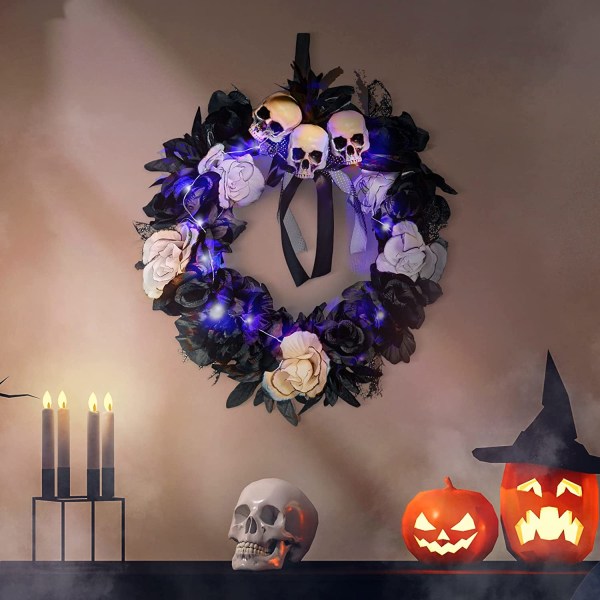 Halloween Decor Light Up Skull Wreath, Hanging House Prop Decora