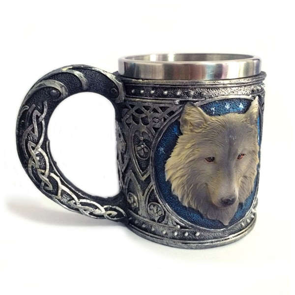 Ny Fantasy Varg Huvud Mugg 3D Stereo Harts Resin Rostfritt Stål Vatten