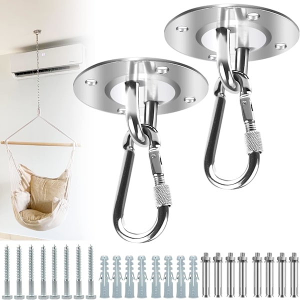 2 stk. Heavy Duty Takkrok, Hengekøye Takkrok, Veggmonteringskrok for Hengekøye, Yoga, Hengekøye og Boksesekk, med Karabinkrok og Festeskruer