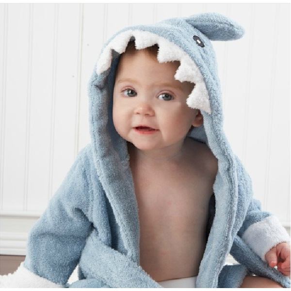 Baby hettehåndkle (blå hai): bomullsstoff badekåpe for gutt a