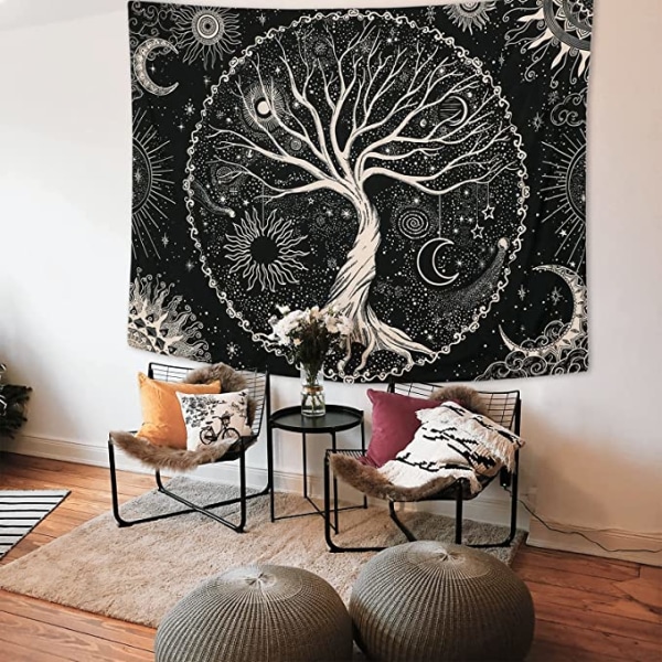 Elämänpuu Tapestry Kuu ja aurinko (150x200cm) musta psykedeelinen