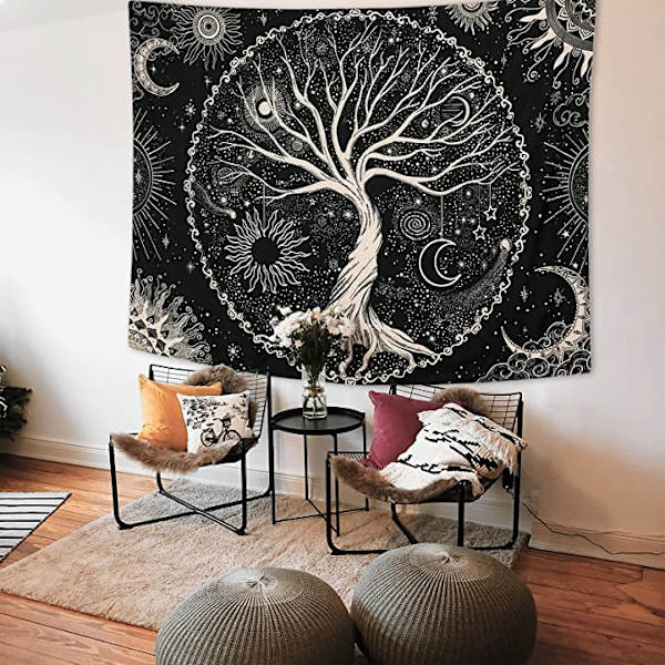 Elämänpuun seinävaate Kuu ja Aurinko (150x200cm) Musta Psykedeelinen